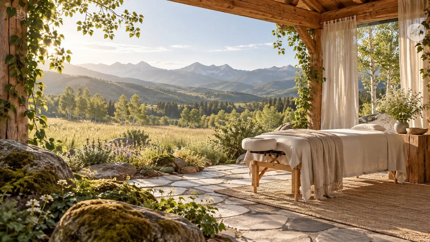 Illustrative open air bodywork sanctuary overlooking a meadow